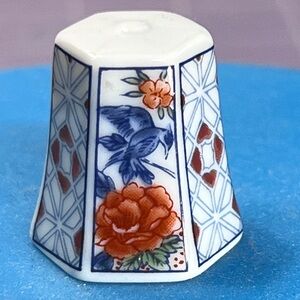 Blue bird & Floral Porcelain Decorative Thimble, hexagon shape